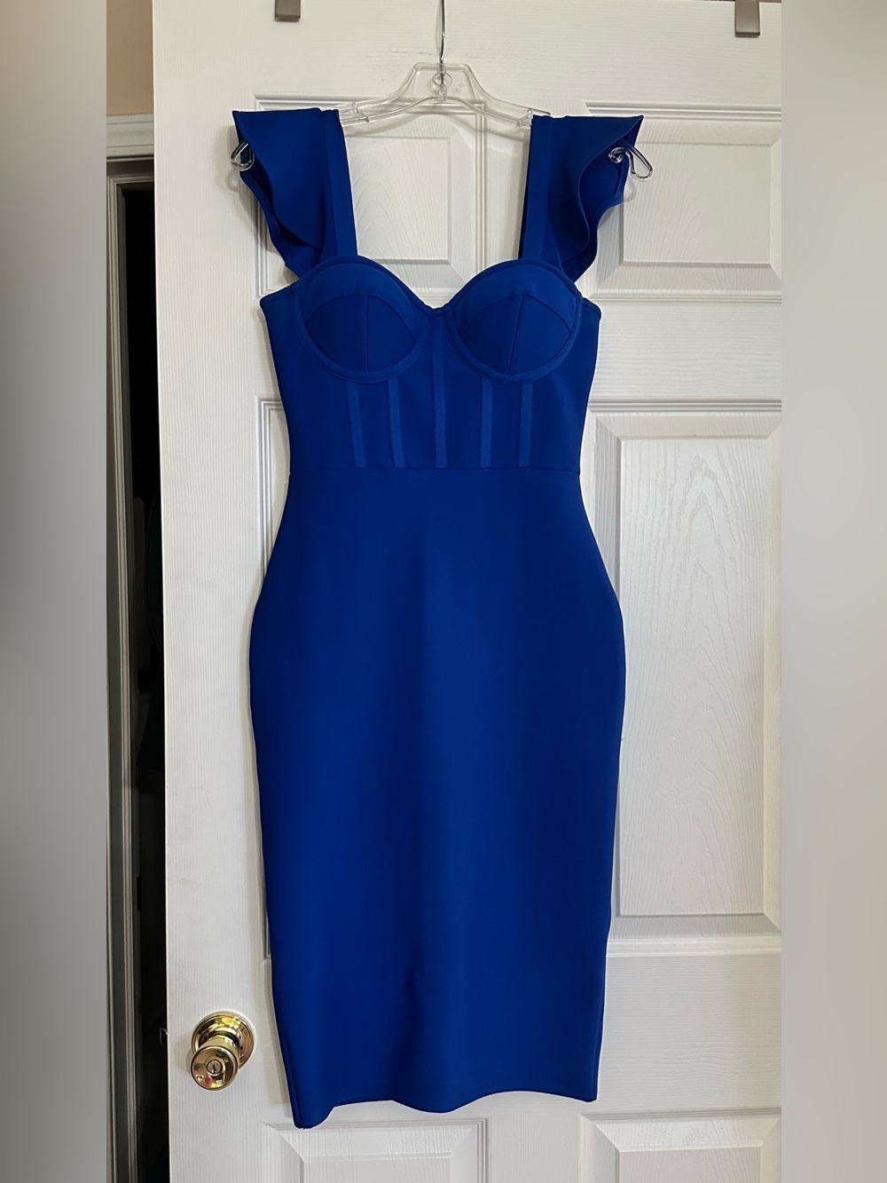 SHEIN Royal Blue Sweetheart Bust Midi bandage Dress with Ruffled Straps
